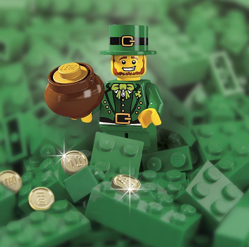 Irish LEGO figure holding a back of coins
