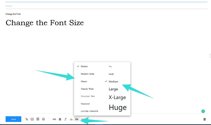 how to change font size on yahoo mail