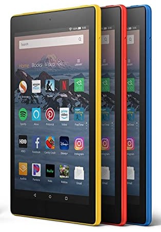 Three Kindle fire tablets - red blue and yellow